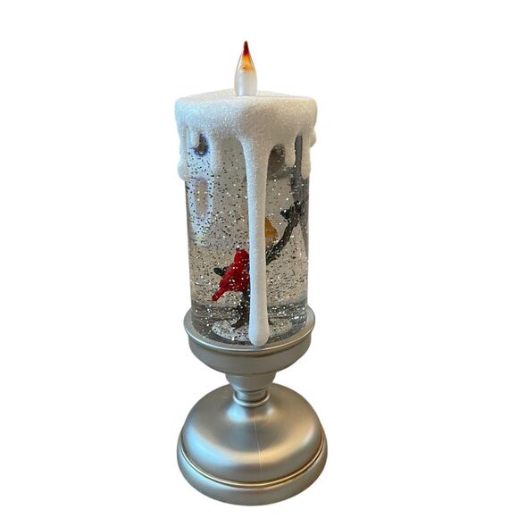 Illuminated Silver Glitter Pedestal Candle 13in Christmas Cardinal New - Picture 2 of 10